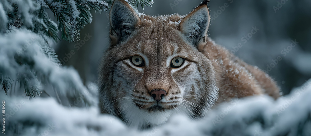 Obraz premium A solitary lynx crouching low in the snow, its eyes focused on an unseen prey as the winter forest surrounds it in silence.