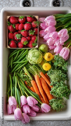 Fresh Vegetables and Flowers Arranged in a Sink With Strawberries, Carrots, a...