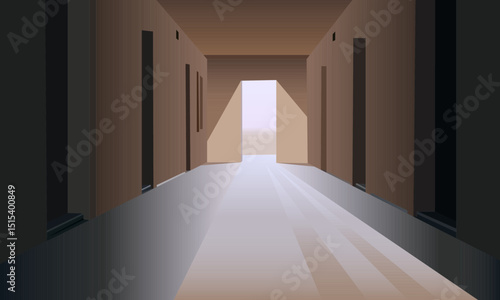 
Illustration of empty corridor illuminated by sun rays through open door in modern office building, vector illustration, for your designs and stylish interior scenes