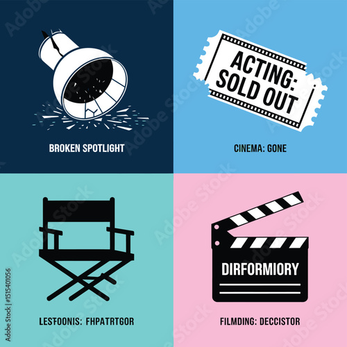 vector icons for cinema, Director's Chair , theatrical roles, video tape, cinema shattered spotlight, Theater Ticket
