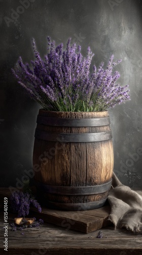 Fresh Lavender Arrangement in a Rustic Wooden Barrel With Sprigs on the Table