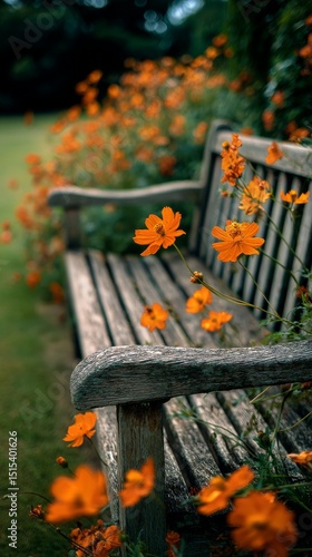 Vibrant Flowers Bloom Along Wooden Bench in Garden During Late Afternoon