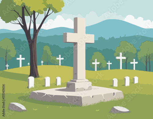 Stone Cross Headstone in Peaceful Rural Cemetery