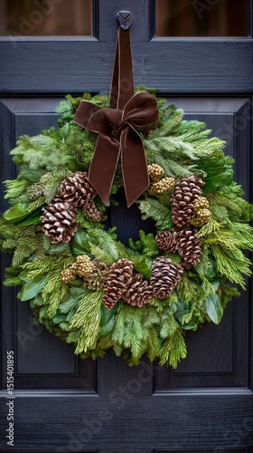 Decorative Green Wreath With Pinecones and Bow Displayed on a Dark Door Durin...