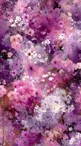 Vibrant Floral Pattern With Purple Hues and Delicate Blossoms in a Lush Arran...