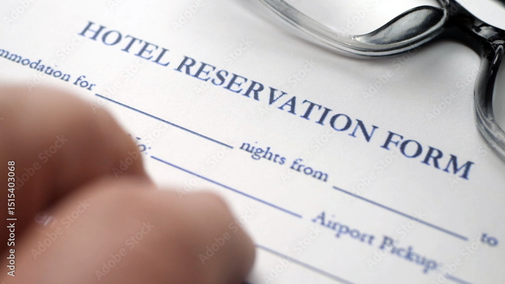 Fototapeta premium Finger tapping on hotel reservation form