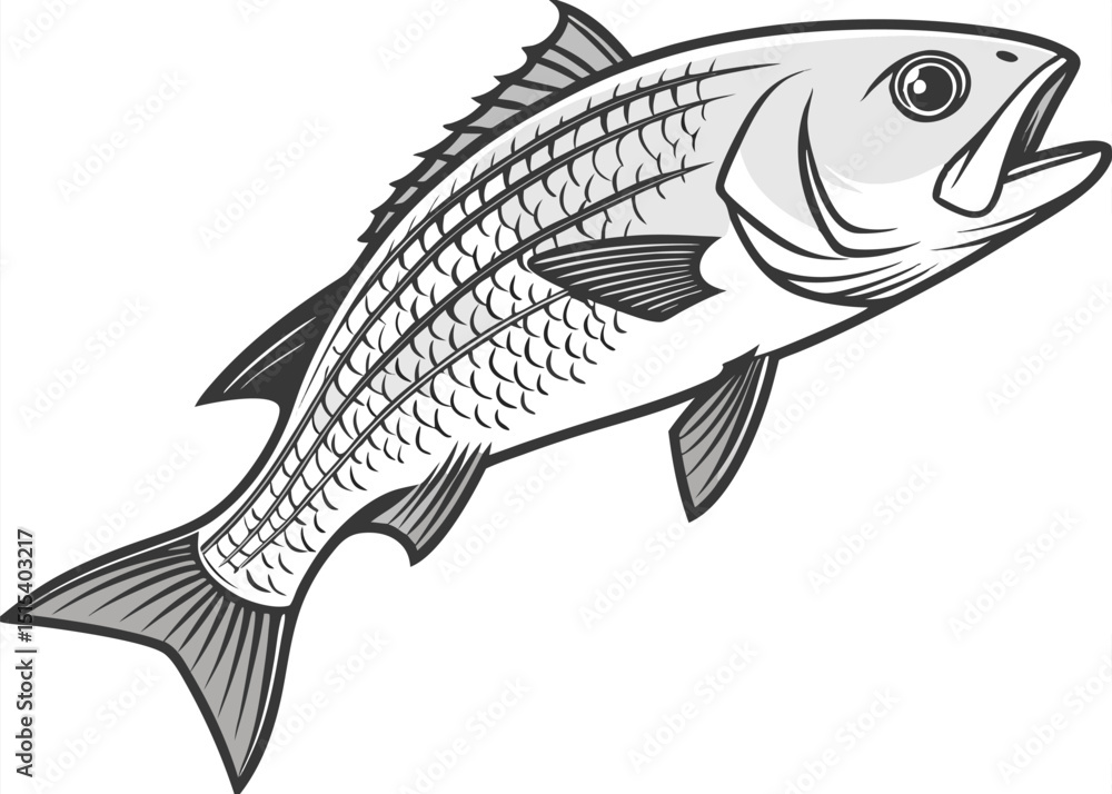 Obraz premium A single grayscale illustration of a fish with detailed scales, fins, and an open mouth, set against a white background.
