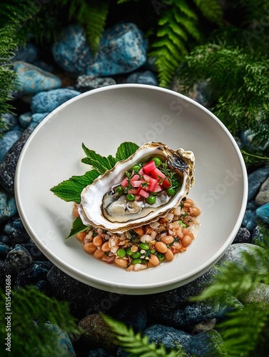 Elegant Presentation of Seafood With Vibrant Garnishes in a Lush Garden Setting