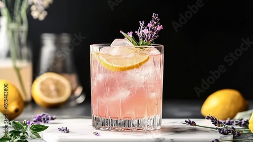 Refreshing Lavender Lemon Cocktail Served in an Elegant Glass With Fresh Herb...