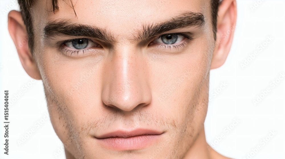 Obraz premium Close-up portrait of young man with clear skin, Intense male facial expression on white background, Beauty and skincare concept for advertising and health content
