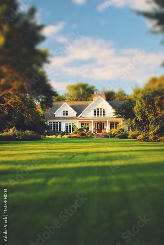 Charming White House Surrounded by Green Lawn and Trees on a Sunny Day in Nature