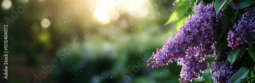 Blooming Lilac Branch With Purple Flowers in a Lush Garden Setting During Spr...