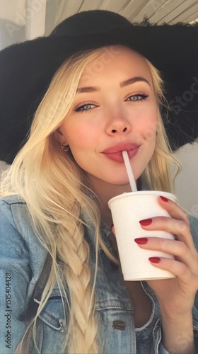 Woman Enjoying a Drink While Relaxing Outdoors on a Sunny Day