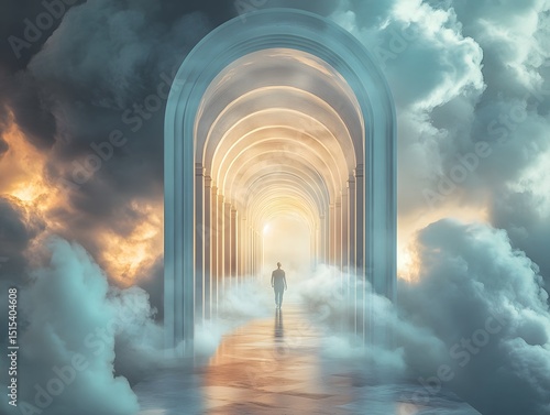 Journey to the Unknown  A solitary figure journeys through an ethereal arched corridor into an otherworldly realm  shrouded in clouds and bathed in a heavenly glow.