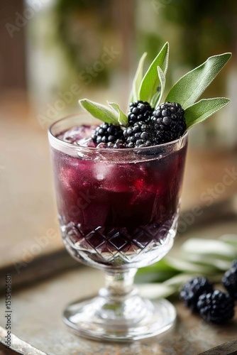 Refreshing Berry Drink With Blackberries and Herbal Garnish Served in a Glass