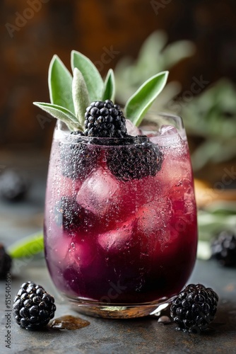 Refreshing Berry Drink With Blackberries and Herbal Garnish Served in a Glass
