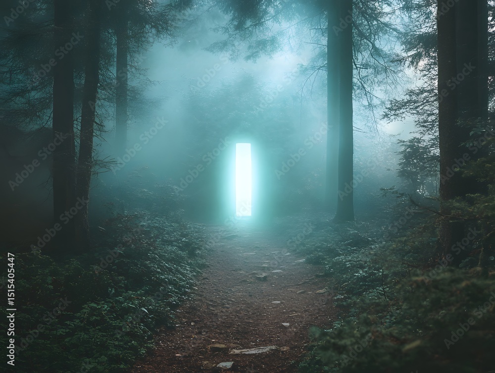 Obraz premium Mystical Portal in Forest: A tranquil forest path leads towards a luminous, ethereal portal bathed in mist. The surrounding trees cast a gentle, surreal shadow.