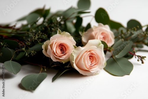 Fresh Pink Roses Arranged With Eucalyptus Leaves for a Floral Display at a Sp...