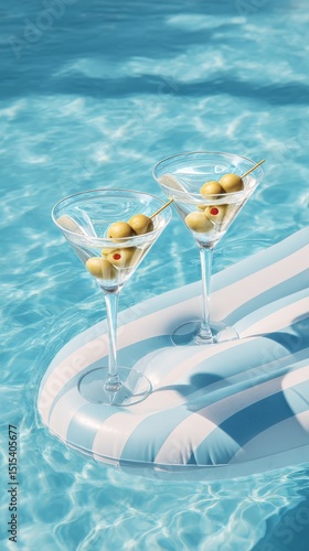 Refreshing Cocktails Placed on a Float in a Shimmering Swimming Pool