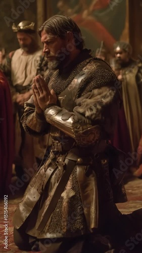 Medieval knight kneeling in prayer with hands clasped together amidst crowd of people in soft candlelight indoor setting
