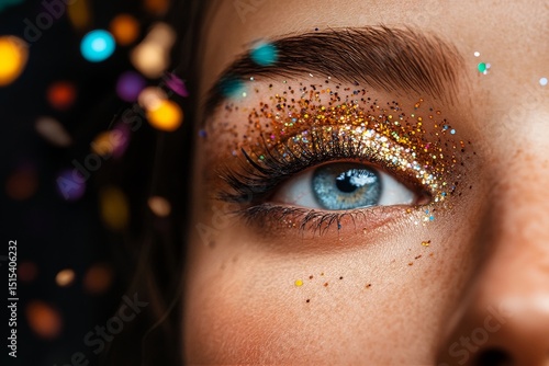 Close-up View of a Sparkling Eye Adorned With Gold and Colorful Glitter Durin...