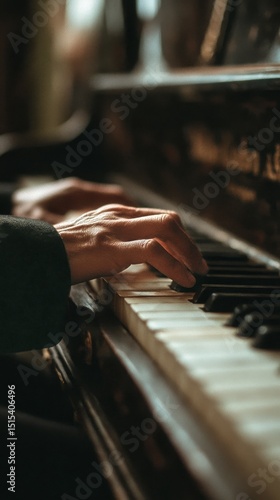 Hands Gracefully Playing Piano Keys in a Softly Lit Room