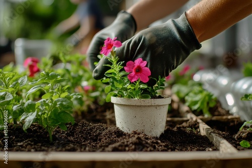 Gardening Enthusiast Plants Vibrant Pink Petunia in Pot at a Greenhouse Durin...