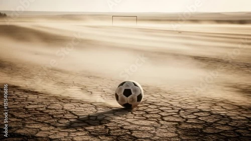 A lone soccer ball rests in the center of a cracked earth with goal post in background. 