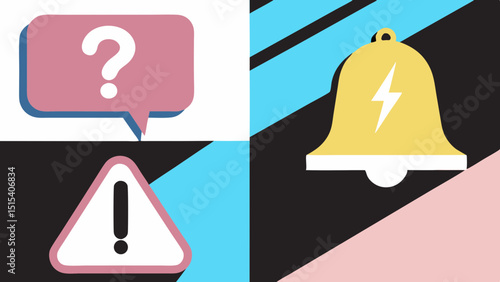 Modern 3D Alert Symbols – Question Mark, Notification Bell, Exclamation Badges