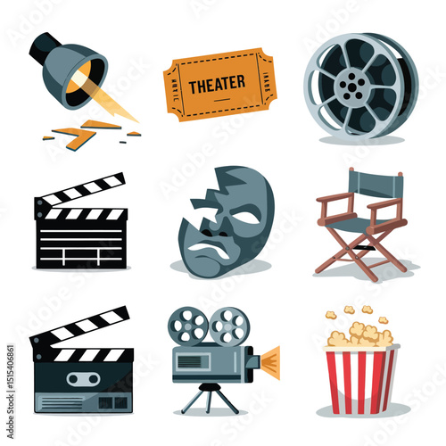 vector icons for cinema, Director's Chair , theatrical roles, video tape, cinema shattered spotlight, Theater Ticket
