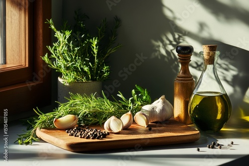 Fresh Herbs and Garlic on a Kitchen Counter With Olive Oil at Midday