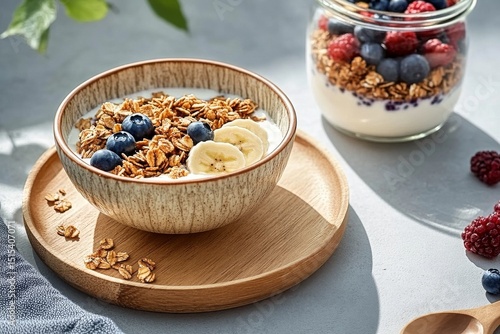 Healthy Breakfast Bowl With Granola, Bananas, and Berries on a Wooden Table