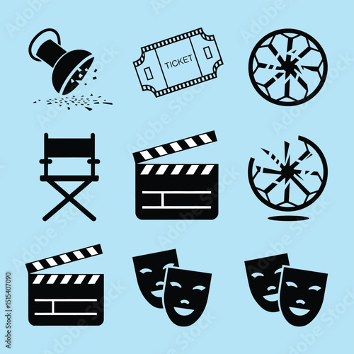 vector icons for cinema, Director's Chair , theatrical roles, video tape, cinema shattered spotlight, Theater Ticket
