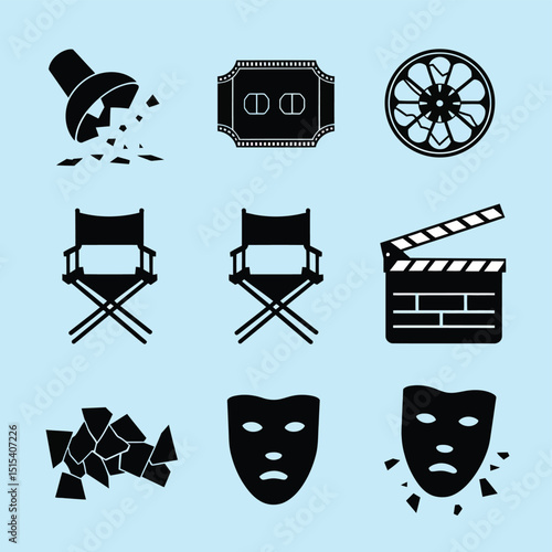 vector icons for cinema, Director's Chair , theatrical roles, video tape, cinema shattered spotlight, Theater Ticket
