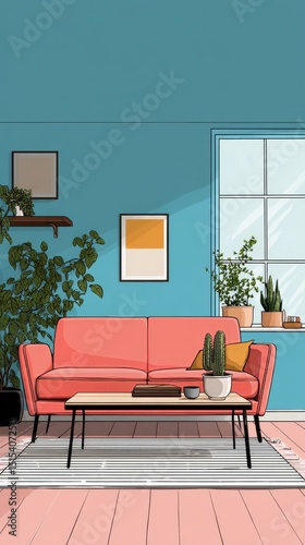 Modern Living Room Featuring a Pink Sofa and Vibrant Wall Decor in a Cozy Set...