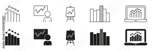 Bar Chart Graph Presentation Icon Set. Data Analysis, Business Reporting, And Statistical Visualization Symbol Collection. Financial And Market Trends. Isolated Vector Illustration