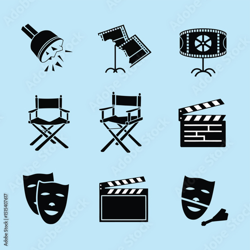 vector icons for cinema, Director's Chair , theatrical roles, video tape, cinema shattered spotlight, Theater Ticket
