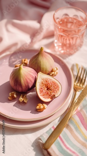 Fresh Figs Served on a Pink Plate With Golden Utensils and a Drink in a Sunny...