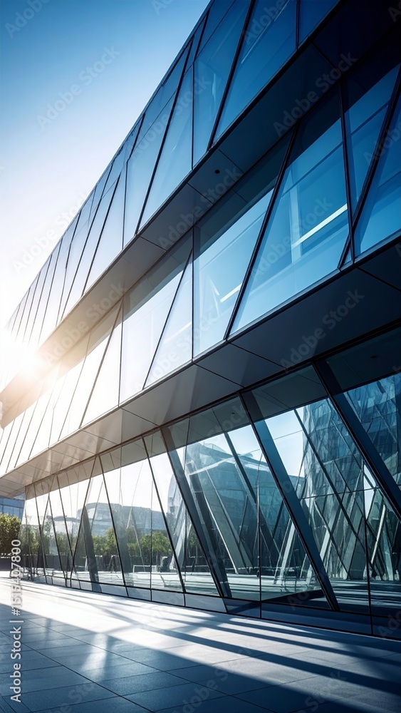 Obraz premium Modern glass building reflecting sunlight and cityscape at sunrise