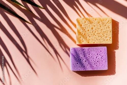 Bright Sponges Placed on a Pink Surface With Shadows Creating a Lively Atmosp...