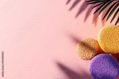 Colorful Sponges Arranged Artistically on a Pastel Background With Palm Shadow