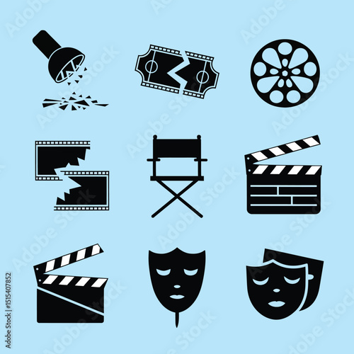 vector icons for cinema, Director's Chair , theatrical roles, video tape, cinema shattered spotlight, Theater Ticket

