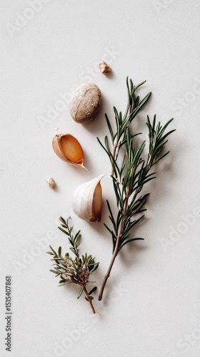 Fresh Herbs and Spices Arranged on a Light Surface for Culinary Inspiration a...