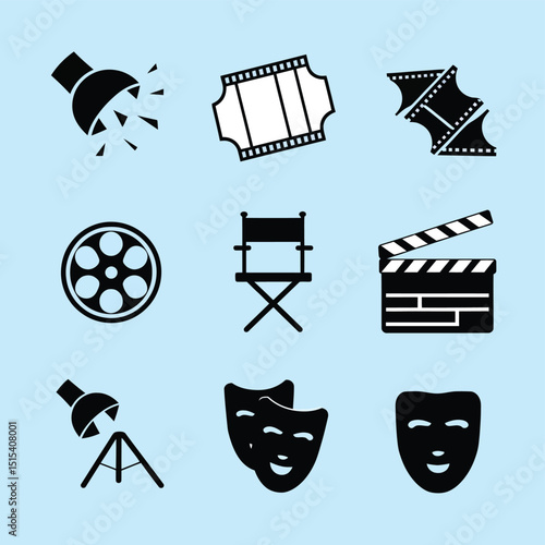 vector icons for cinema, Director's Chair , theatrical roles, video tape, cinema shattered spotlight, Theater Ticket
