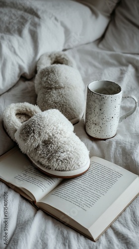 Cozy Morning With Slippers and Coffee Beside an Open Book in a Warm Setting