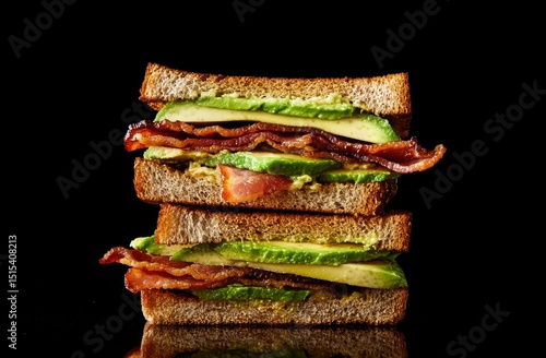 Crispy Bacon and Fresh Avocado Sandwich Stacked High on Whole Grain Bread