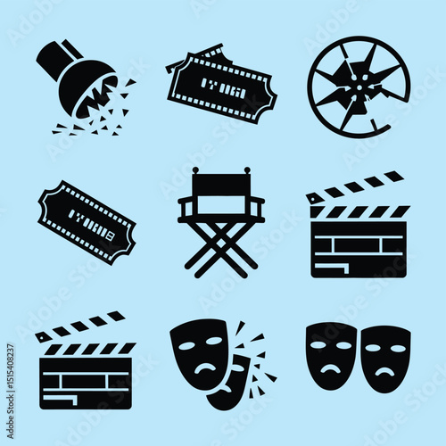vector icons for cinema, Director's Chair , theatrical roles, video tape, cinema shattered spotlight, Theater Ticket
