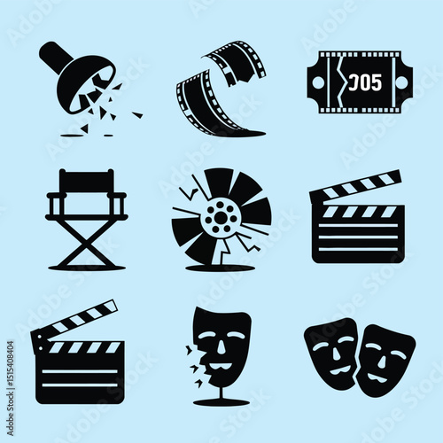 vector icons for cinema, Director's Chair , theatrical roles, video tape, cinema shattered spotlight, Theater Ticket
