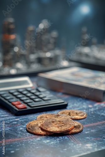 Golden Coins and Calculator on Electronic Circuit Board With City Skyline in ...