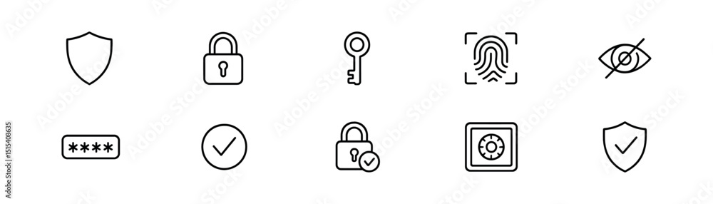 Security & privacy line icon set - password, lock, shield, and key symbols Security & privacy line icon set - password, lock, shield, and key symbols